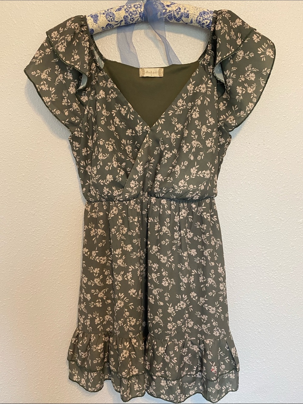Olive Green Floral Mini Dress